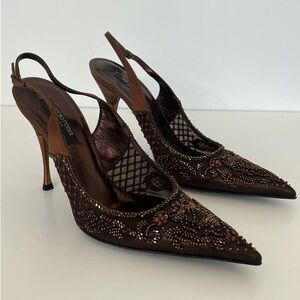 Brown Beaded Sergio Rossi Slingback Heels Size 39